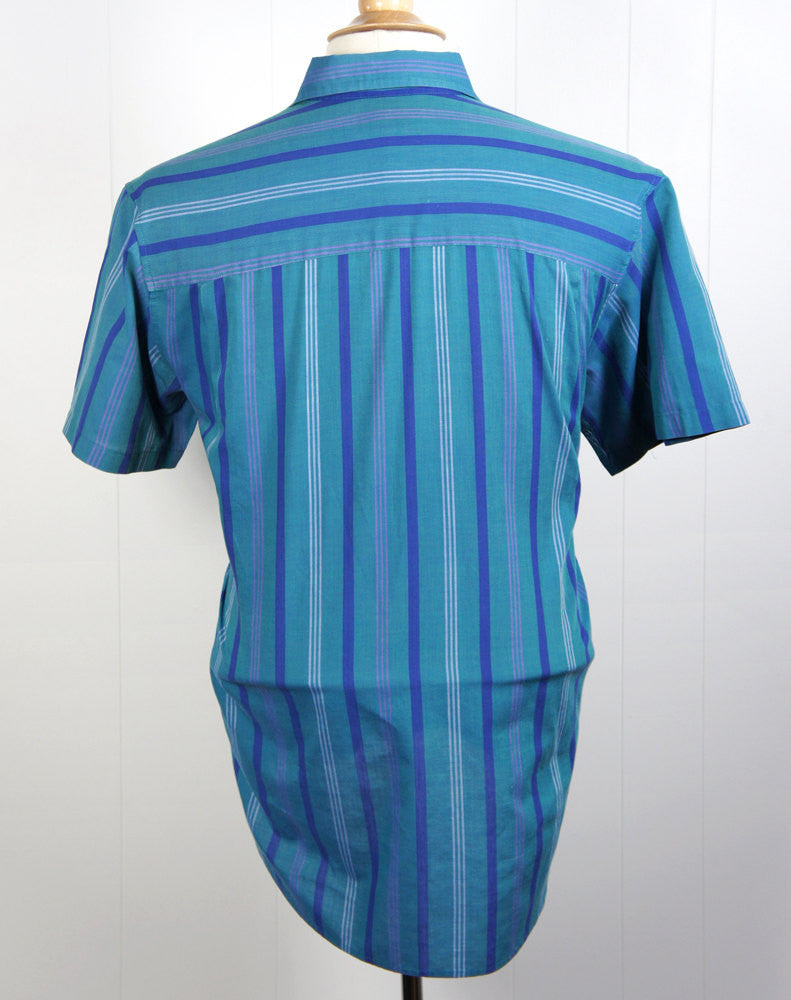 1980's Blue & Teal Striped Button Up Shirt - Size L